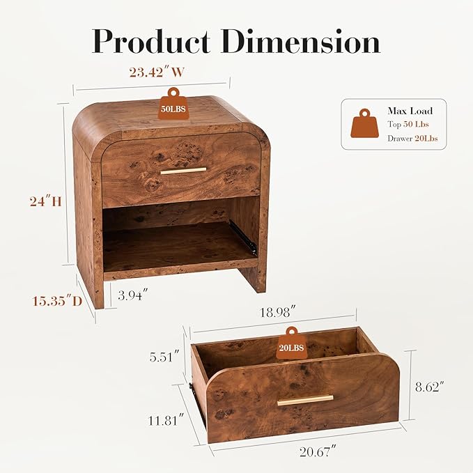Night Stand [Unique Curved Profile] [FSC-Certified Wooden Board] 2-Drawer Nightstand 24" H Metal Handle Modern Sturdy Bedside Table Side Table End Table