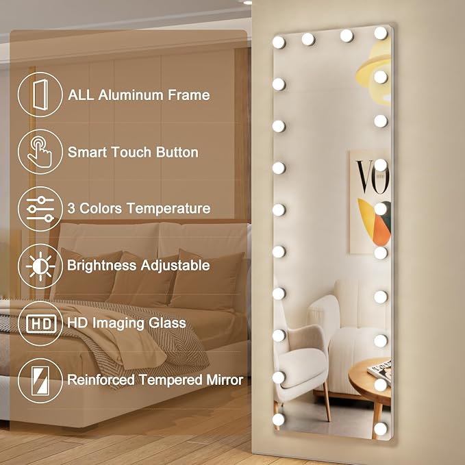 Kosmonia 64x22 Hollywood Full Length Mirror with Light, 22 Dimmable Bulbs & 3 Color Smart Touch Control, Distortion Free, Tempered Glass, Safe Full Body Mirrors with Stand
