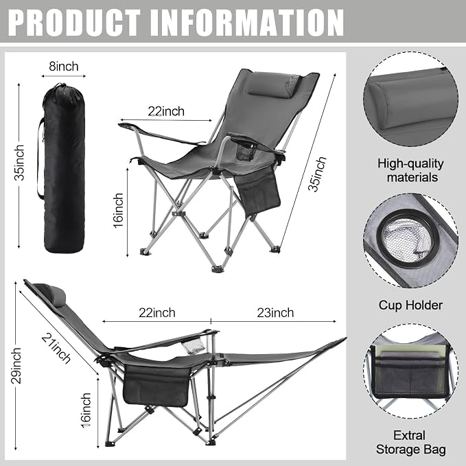 Yuntau 2 Set Reclining Beach Chairs with UPF 50+ Umbrellas Shade, Upgraded Heavy Duty Portable Folding Lounge Camping Chair with Canopy Removable Footrest & Headrest for Outdoor Patio(Grey)