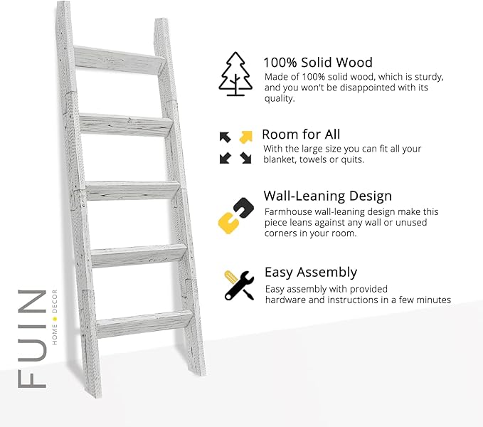 FUIN 5ft Wood Blanket Ladder Living Room Decorative Wall Leaning Farmhouse Quilt Display Holder Storage Wooden Towel Rack for Bathroom, Rustic White