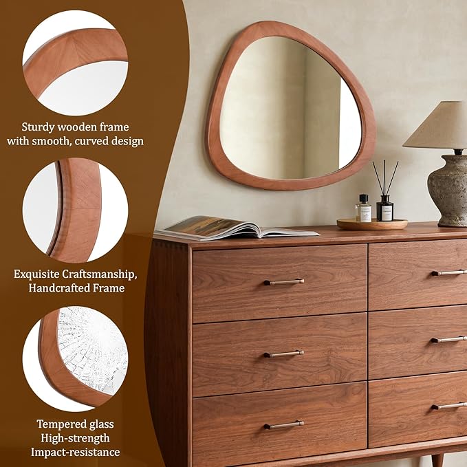 WallBeyond Asymmetrical Mirror, Irregular Wall Mirror for Bathroom, Bedroom, Living Room, Entryway, Hall - Walnut Wood Framed 23" H x 19" W