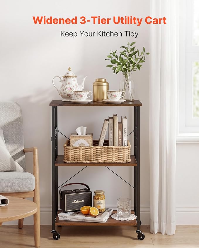 VEVOR Kitchen Utility Cart, 3 Tier 23.7 in Microwave Stand Coffee Cart, Heavy Duty Storage Rack, Service Trolley on Wheels, Industrial Rolling Work Table with 8 Hooks, for Mini Oven, Toaster, Vintage
