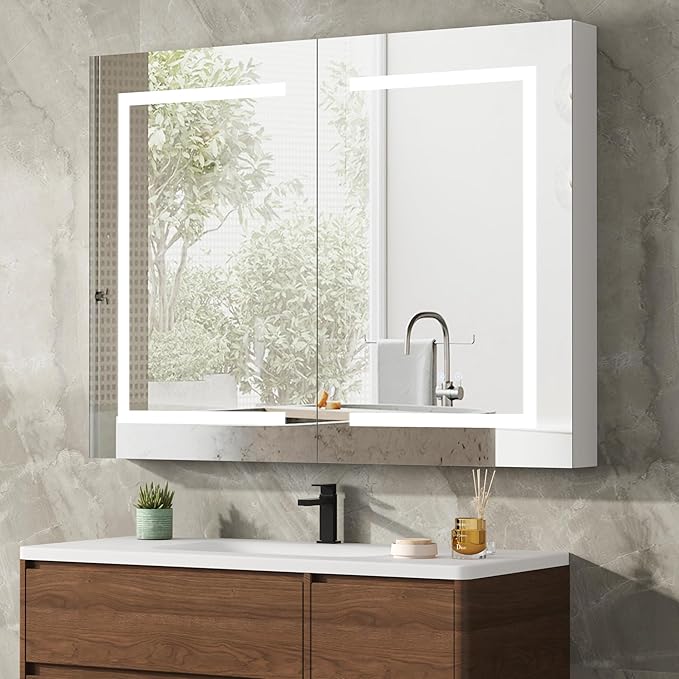 DEYGIA LED Medicine Cabinet with Mirror for Bathroom, Assembly-Free Lighted Medicine Cabinet, Defog, Stepless Dimming, 3 Colors, 2 Outlets, 2USB, Aluminum Wall Mounted Mirrored Cabinets, 36”Wx28“H