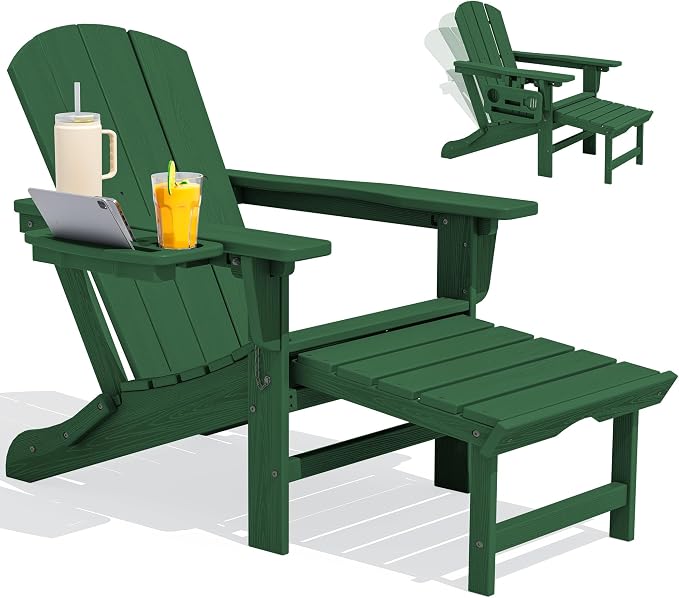 SERWALL Folding Adjustable Adirondack Chair with Footrest, HDPE Outdoor Chair with 4-in-1 Cup Holders, All Weather Adirondack Chair with Ottoman, Green