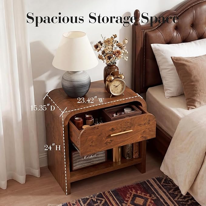 Night Stand [Unique Curved Profile] [FSC-Certified Wooden Board] 1-Drawer and 1 Storage Shelf Nightstand 24" H Metal Handle Modern Bedside Table Side Table End Table
