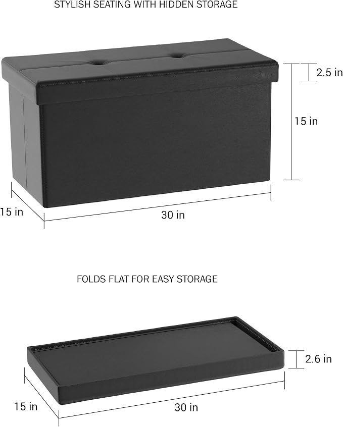 Storage Ottoman - 30-Inch Folding Faux Leather Footrest, Linen Chest, or Bench with Removable Bin for Living Room or Bedroom by Lavish Home (Black)