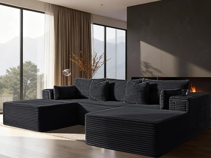 108" Oversized Cloud Sectional Couch, Comfort U Shaped Boneless Couch for Living Room, Extra Deep Seats No Assembly, Modular Sofa, Corduroy (Black, Right Facing Chaise+2 Seater+Ottoman)