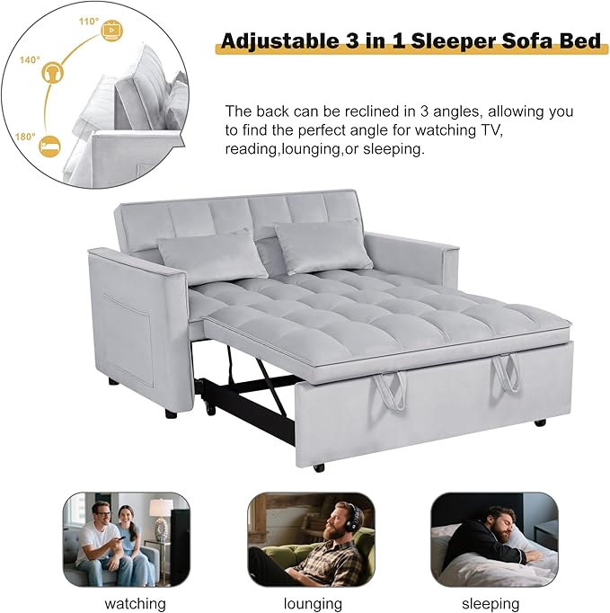 3 in 1 Convertible Sleeper Sofa Bed, Velvet Fabric Loveseat Sofa Bed with Adjustable Backrest & Large Side Pockets, Pull Out Couch for Small Spaces, Apartment, Living Room, Gray
