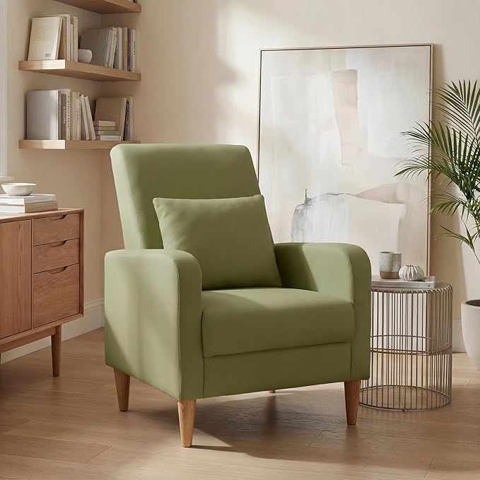 COLAMY Mid-Century Modern Upholstered Accent Chair with Back Pillow & Solid Wood Legs, Leather Cozy Armchair for Living Room, Bedroom, Reading Nook, Apartment & Small Spaces, Green