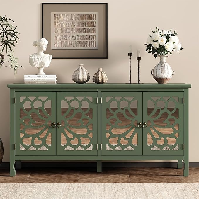 RoyalCraft 63'' Buffet Cabinet with Mirror Butterfly Carved Door, Sideboard Cabinet with Adjustable Shelves, Vintage Accent Credenza Media Console for Entryway, Kitchen, Forest Green