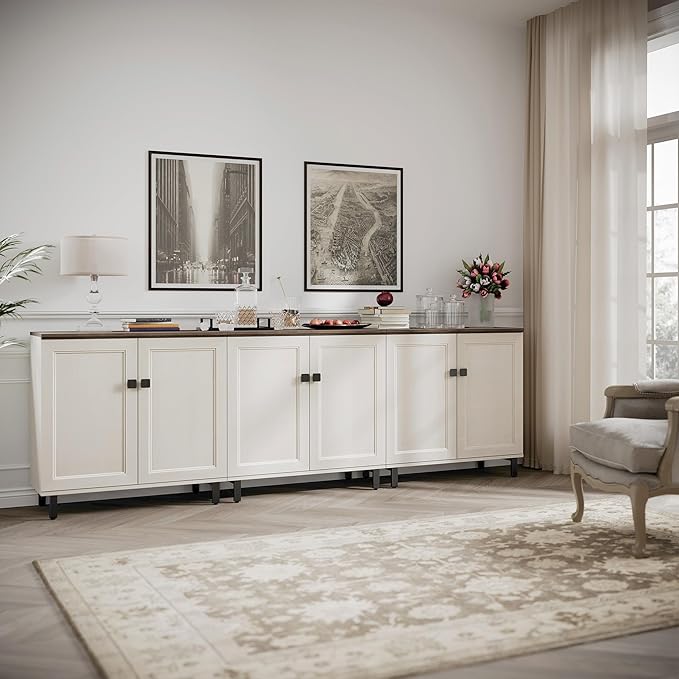 FENSULN Buffet Sideboard Cabinet Farmhouse Modern 3 in1 Storage Cabinet with Adjustable Shelves for Kitchen, Coffee Bar, Living Room, White