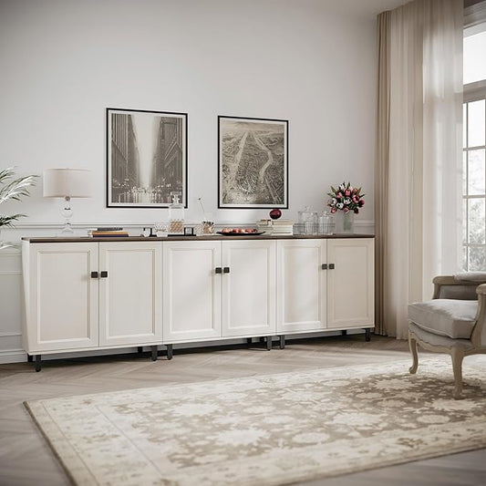 FENSULN Buffet Sideboard Cabinet Farmhouse Modern 3 in1 Storage Cabinet with Adjustable Shelves for Kitchen, Coffee Bar, Living Room, White