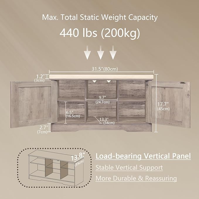 DINZI LVJ Shoe Bench, Entryway Storage Bench with Doors, Cushion, 2-Tier Shoe Rack with 6-Cubby, 31.5”L x 13.8”W Shoe Organizer Cabinet, Adjustable Shelf, Living Room, Bedroom, Greige