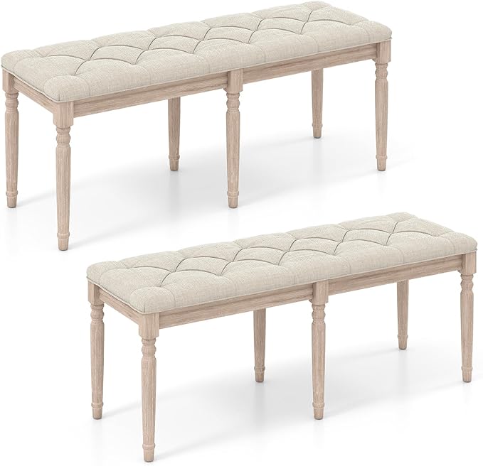 Giantex 47.5-inches Upholstered Dining Bench, 2-Pack Button-Tufted Table Bench with Carved Rubber Wood Legs, Padded Seat, Load 440Lbs, Vintage End of Bed Ottoman for Entryway, Living Room, Bedroom