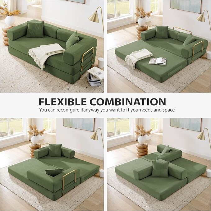 HANXIN 78 Inch Convertible Sleeper Sofa Bed, Folding Floor Mattress Couch with Fixed-Shape Frame, Futon Boneless Couch Lounge Loveseat with Pull Out Bed, No Assembly Required (Green)