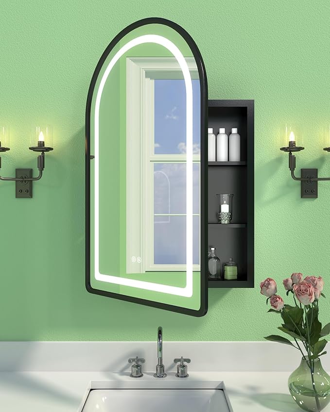 19.7"x31.5" Lighted Medicine Cabinet with Mirror, Arched Bathroom Mirror with Lights and Storage, Memory and Dimmable 3 Color, Anti-Fog, Full Metal Recessed & Surface Mount LED Medicine Cabinets Black