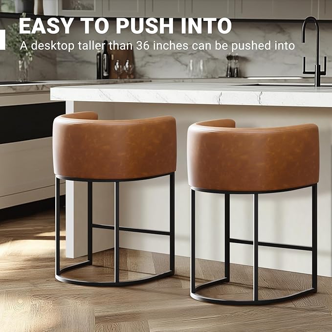 26" H Counter Height Bar Stools Set of 2, Modern Barrel Counter Stools with Backrest and Arms, Faux Leather Upholstered Accent Barstools for Kitchen Island,Support 450 LBS (Walnut Brown)
