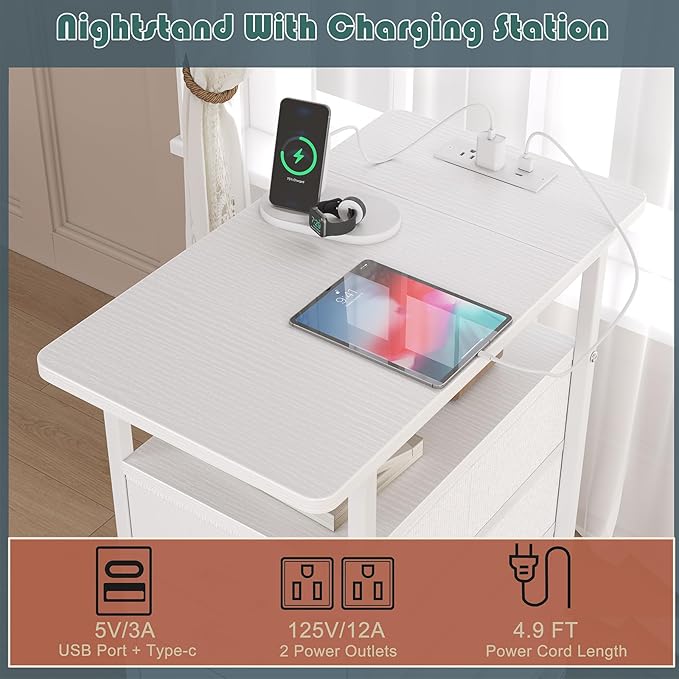 sthmec End Table with Charging Station,LED Side Tables with USB Ports and Outlets,Narrow Nightstands Bedside Tables with 3 Drawers PU Finish for Small Space,Slim Sofa Table for Livingroom,White