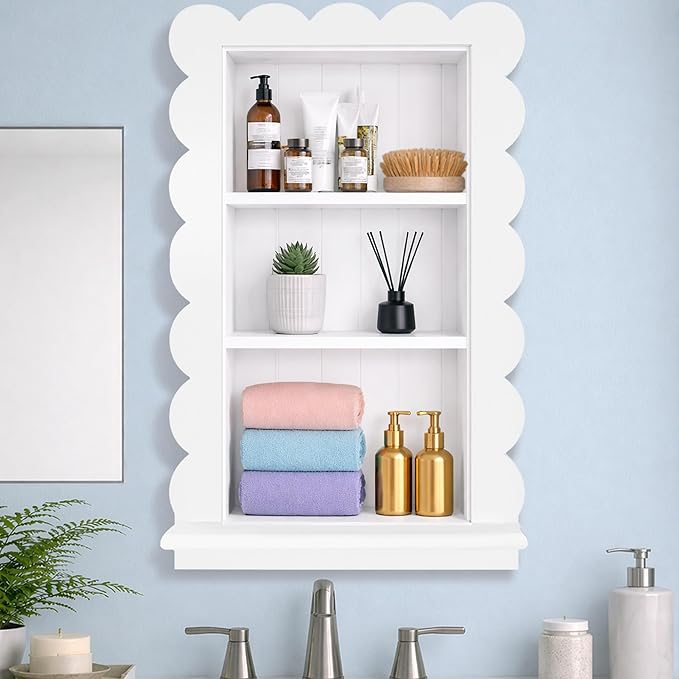 Royxen Bathroom Wall Cabinet with 3-Tier Shelves,Wooden Recessed Medicine Cabinet Over Toilet Storage Cabinet,Scalloped Large Medicine Cabinet Niche for Bathroom Storage Organizer,18 x 24 Inch, White