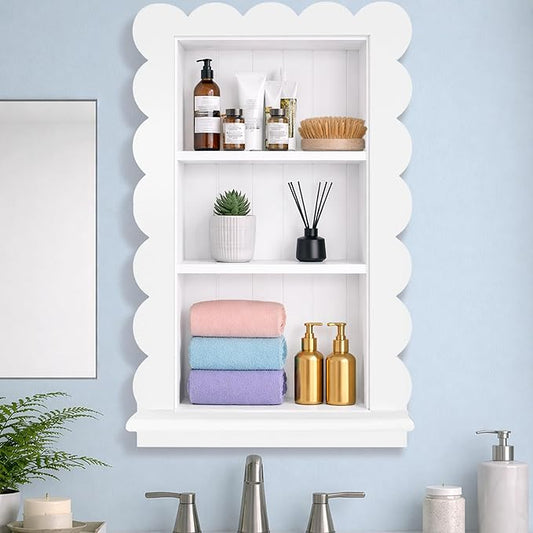 Royxen Bathroom Wall Cabinet with 3-Tier Shelves,Wooden Recessed Medicine Cabinet Over Toilet Storage Cabinet,Scalloped Large Medicine Cabinet Niche for Bathroom Storage Organizer,18 x 24 Inch, White