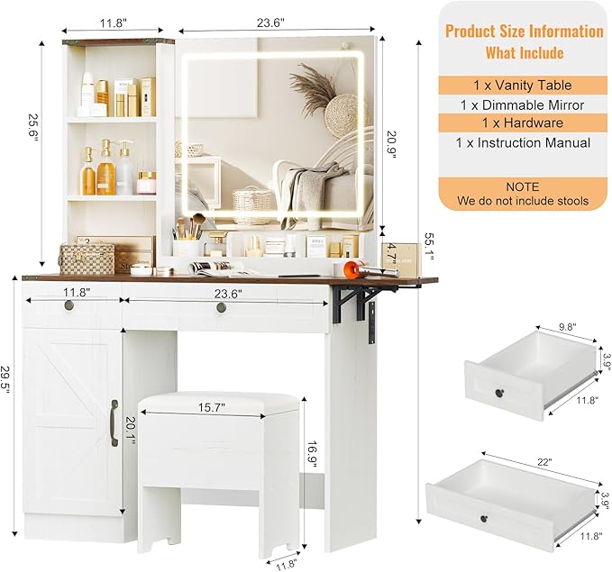 KAMABOKO Vanity Desk with Mirror, LED Lights and Power Outlet, Makeup Vanity Table with Cabinet and 2 Drawers, Dressing Table with Stools for Bedroom (Brown)