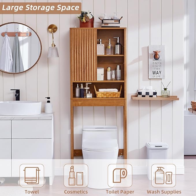 LEYAOYAO Fluted Over The Toilet Storage Cabinet, Farmhouse Over Toilet Bathroom Organizer with a Sliding Door, 68" Tall Tea Brown Freestanding Washer Shelf with Adjustable Shelf & Curved Profile