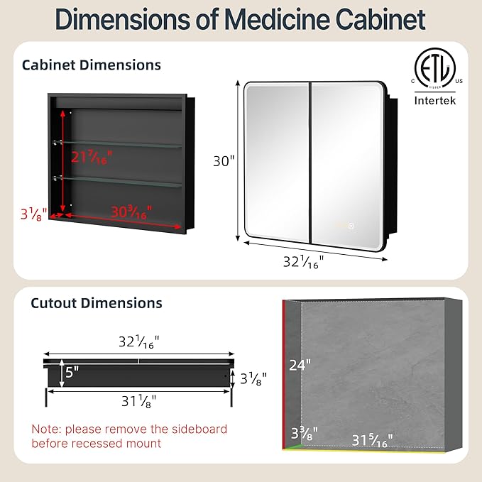 32x30 Inch Medicine Cabinet with Mirror, Recessed or Surface Mount Bathroom Medicine Cabinet with LED Lights, Anti-Fog, Memory Function, Adjustable Shelf, Dimmable Light, ETL Listed, Black