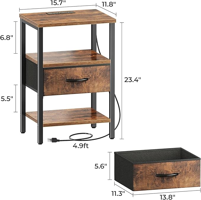 SUPERJARE Nightstand Set of 2, Bed Side Tables with Charging Station, Adjustable Fabric Drawer, Night Stand for Bedroom, 3-Tier Storage End Tables, for Living Room, Rustic Brown