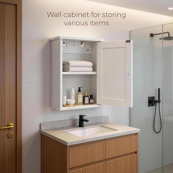VINGLI Bathroom Wall Cabinet, White Medicine Cabinet with Single Door, Small Over Toilet Storage Organizer with Adjustable Shelf, Hanging Kitchen Cupboard for Laundry Room, 13.7x7.5x19.7 Inch