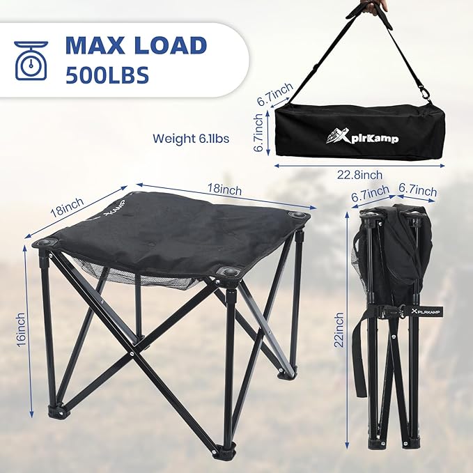 Padded Camping Stool, 18 Inch Oversized Camping Foot Rest, 500lb Outdoor Folding Camp Chair Portable Camping Ottoman for Camping Gardening w/Storage Net, Carry Bag (1, Black)