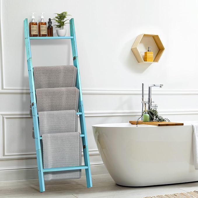Honest Blanket Ladders for The Living Room, 6-Tier Blanket Holder, Wall-Leaning Blanket Rack, Ladder Shelves, Wooden Quilt Ladder, Farmhouse Decor, Blue