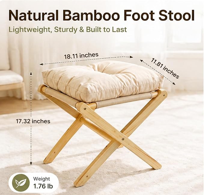 Foldable Foot Stool Ottoman,Bamboo Foldable Stool, Foot Stools Small Ottman with Upholstered & X Legs,Small Ottoman Stool Chair for Bedroom Living Room, Footstool for Chair Couch