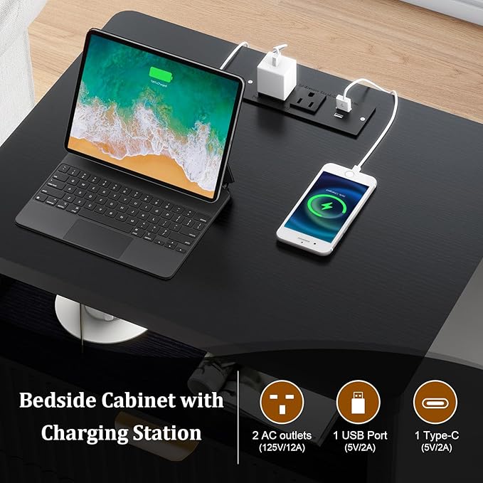 LYNCOHOME Fluted Nightstand with Charging Station, 19.7 inch Wide End Table with 2 Drawers, Modern Wood Bedside Table for Bedroom, Black,1 Pcs