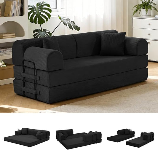 78.8" Convertible Sofa Bed with Detachable Arm Pillow, 6-in-1 Sectional Couches for Living Room, Corduroy Boneless Couch, Sleeper Loveseat Couch Bed, No Assembly, Black Couch