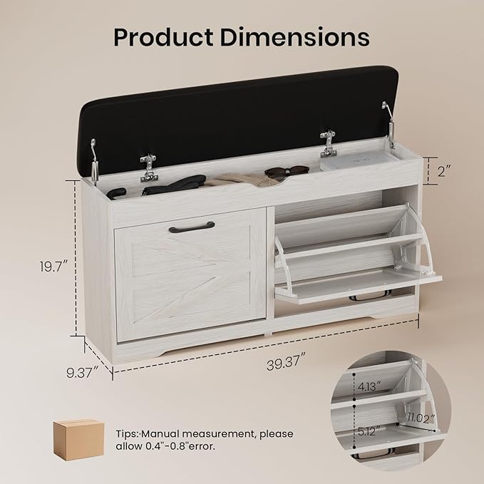 39" Shoe Storage Bench with Padded Seat Cushion & Lift Top Storage Box & 2 Flip Drawers, Small Entryway Shoe Rack Bench with 2 Doors and Adjustable Shelf, Shoes Cabinet for Hallway, Living Room, White