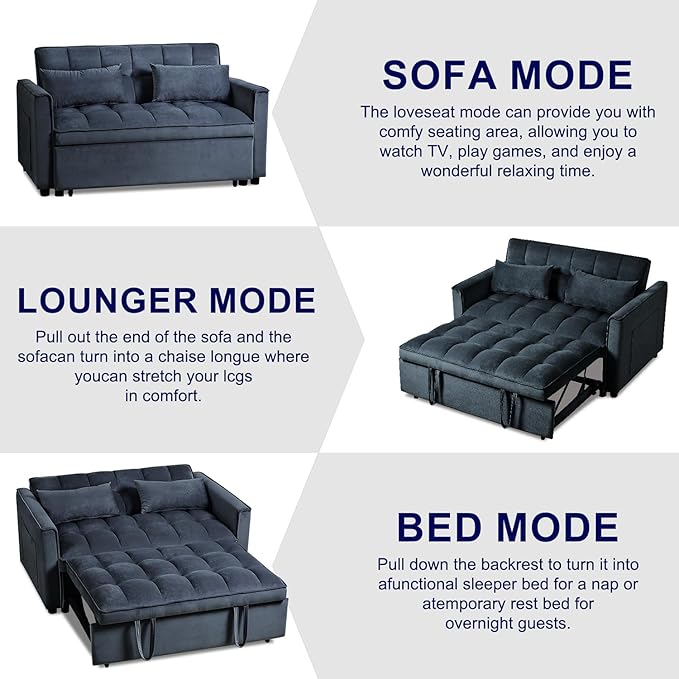 3 in 1 Convertible Sleeper Sofa Bed, 54'' Full Size Velvet Pull Out Futon Couch Recliner with Reclining Backrest & 2 Pillows, Small Loveseat Lounge Couches for Small Spaces (Black)