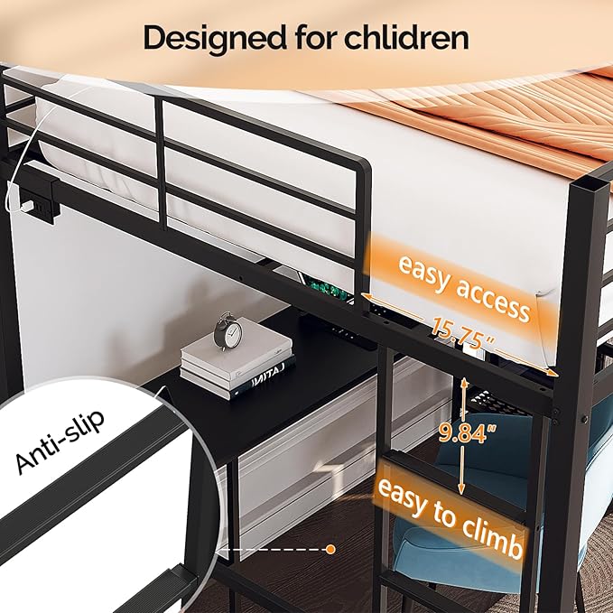 VINGLI Full Loft Bed 15 Inch Extra Tall Safety Guardrail, Wardrobe with Curtain, and Flat Rungs, LED High Double Sleeper with 2 Charging Stations, Desk and Drawer, Heavy Duty Space Saving Bed, Black