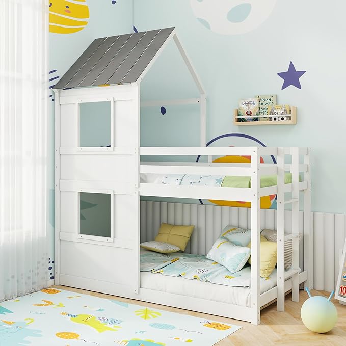 Giantex House Bunk Bed Twin Over Twin, Solid Wood Floor Bunk Bed with Built in Ladder, Window & Safety Guardrail, Wooden Kids Low Bunk Beds for Teens Boys & Girls, No Box Spring Needed, White