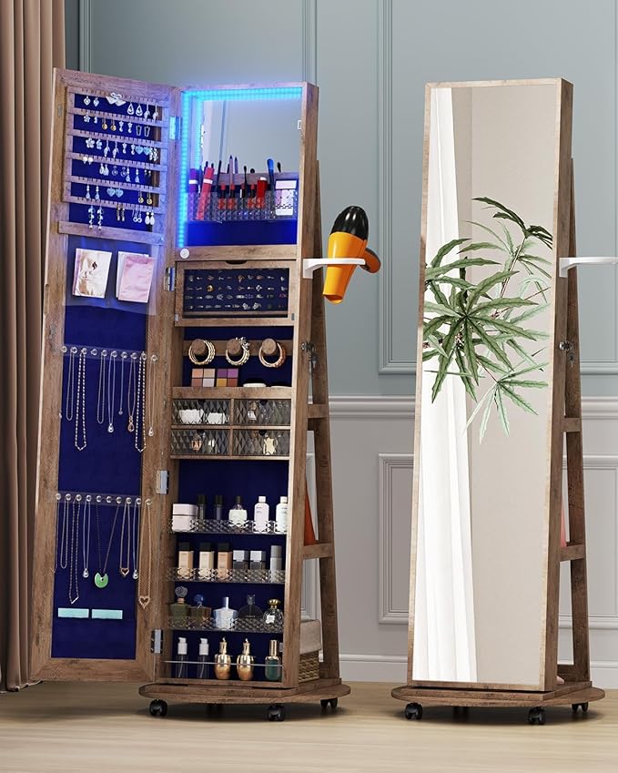 Full Length Mirror With Jewelry Storage, 360 Swivel Jewelry Armoire Organizer With Lights, Lockable Cabinet Standing, Christmas Gifts, Walnut