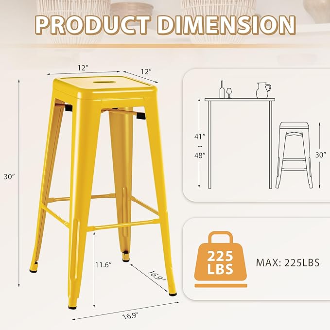 Furmax 30 Inch Metal Bar Stools Set of 4, Counter Height Stools, Industrial Bar Chairs Patio Stool Stackable Stool for Kitchen/Dining Room/Indoor Outdoor(Yellow, 30'' Backless)
