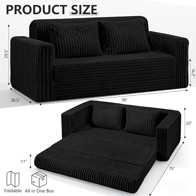 HABUTWAY 78" Loveseat Boneless Couch, 4-in-1 Convertible Sofa Bed, Plush Fur Folding Futon Sofa Bed Couches with 2 Pillows for Living Room, High-Density Foam Support, No Assembly Required, Black