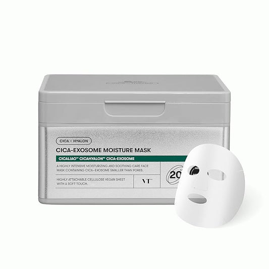 VT COSMETICS Cica-Exosome Moisture Mask 20枚、CICA-EXOSOME配合、ツボクサ＆ヒアルロン酸でディープハイドレーション＆鎮静、生分解性ヴィーガンシート、韓国フェイスマスク