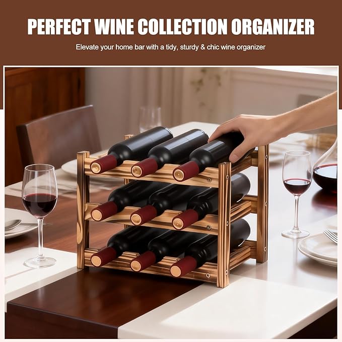 9-Bottle Wooden Wine Rack – 3-Tier Tabletop Countertop Space-Saving Wine Holder with Screwdriver Included, Easy Assembly Wine Storage Shelf for Kitchen, Bar, Pantry & Home Decor