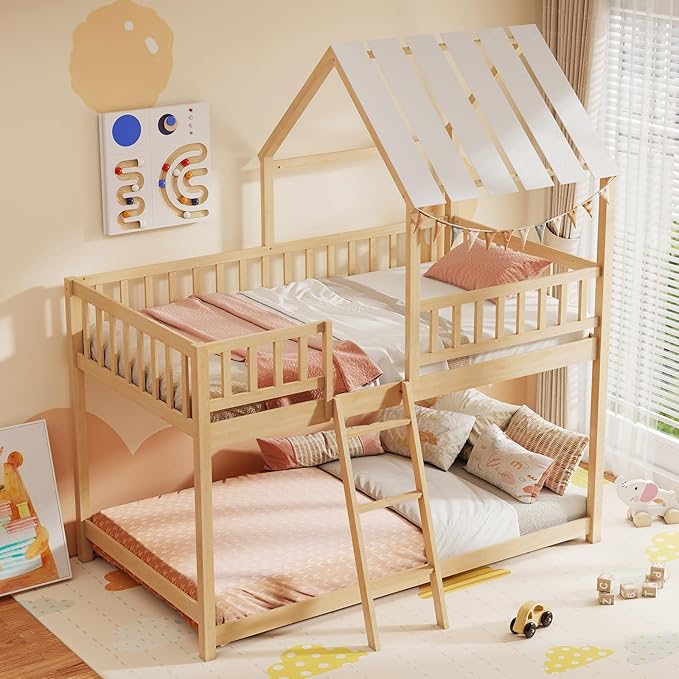 Giantex Twin Over Twin House Bunk Bed, Low Loft Bed Frame with Roof, Wood Bunk Bed with Ladder & Full-Length Guardrails, Twin Floor Bed for Kids Teens Boys Girls, No Box Spring Needed (Natural)