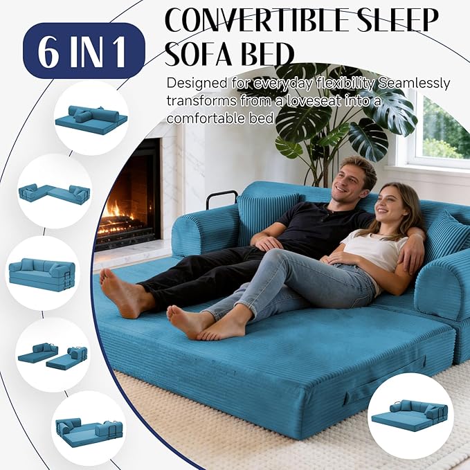 78.8" Convertible Sofa Bed with Detachable Arm Pillow, 6-in-1 Sectional Couches for Living Room, Corduroy Boneless Couch, Sleeper Loveseat Couch Bed, No Assembly, Azure Couch