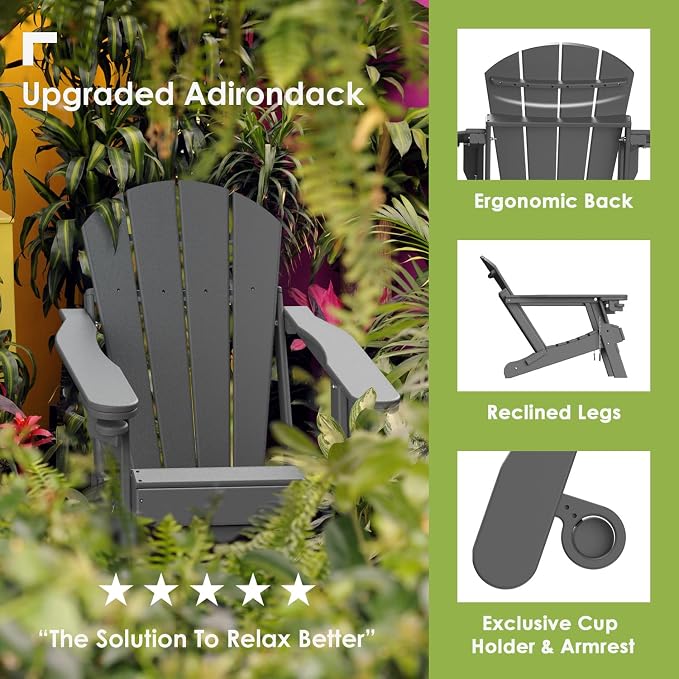 GREENVINES Adirondack-Chairs-with-Ottoman | Set of 4 | Folding | Retractable-Footrest | HDPE Plastic | All Weather Fire Pit Chair | Cup Holders | Grey | for Outdoor Poolside