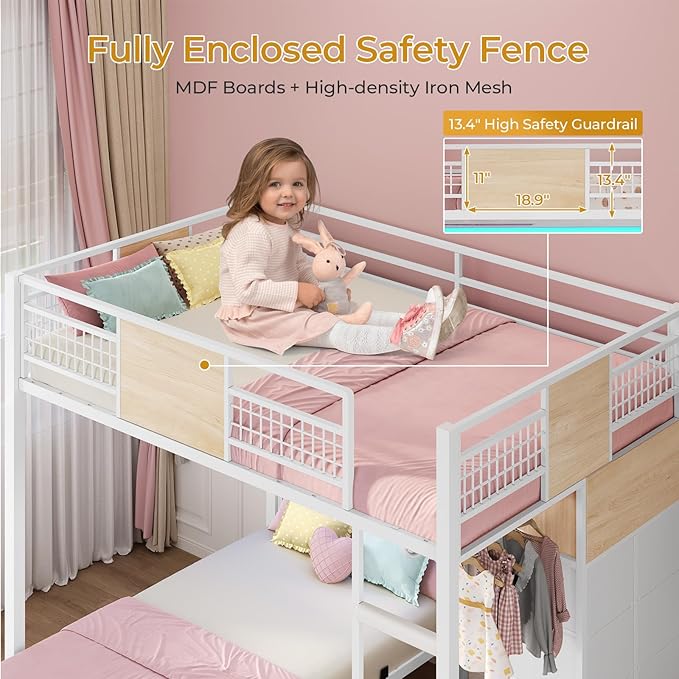ADORNEVE Full Over Twin Bunk Bed with 8 Storage Drawers, Metal Loft Bed with Led Lights & Storage Shelves, Bunk Beds Twin over Full Size with 13.4" H Safety Guardrail & Ladder, for Kids & Teens, White