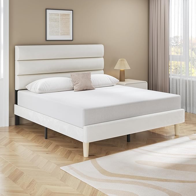 Fluest Full Bed Frame, Platform Bed Frame with Velvet Upholstered Headboard, No Box Spring Needed, Sturdy Metal Support, Noise Free, Easy Assembly, Modern Bedroom Furniture, Beige