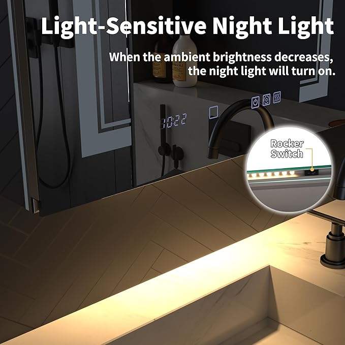 ExBrite 24x32 LED Lighted Medicine Cabinet with Mirror, Front & Backlit, Night Light, Clock & Temp Display, Defog, 5X Magnifier, 3-Color Dimmable LED, Surface or Recessed Mount, Hinge On the Left