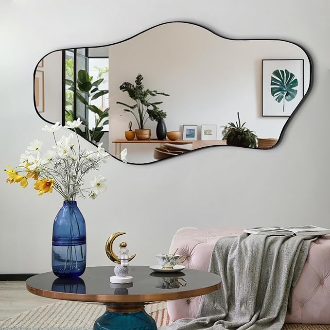 Irregular Wall Mirror, 47"x25" Asymmetrical Aesthetic Mirror with Metal Frame, Modern Organic Mirrors for Living Room Bathroom Bedroom Hallway Entryway, Horizontal or Vertical Hanging